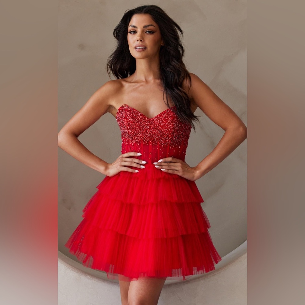 AMELIA COUTURE Red Sequin Strapless Dress Sz 8
